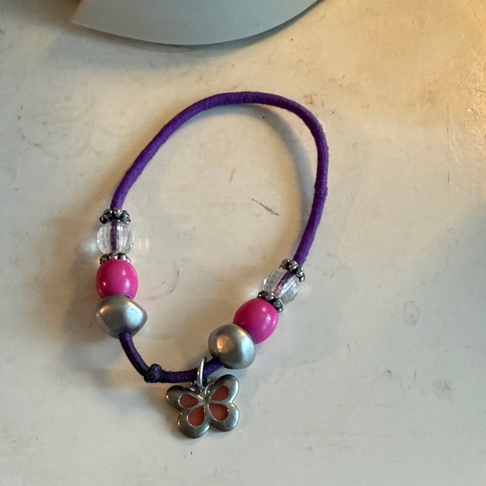 Purple and Pink Beaded Bracelet with Butterfly Charm